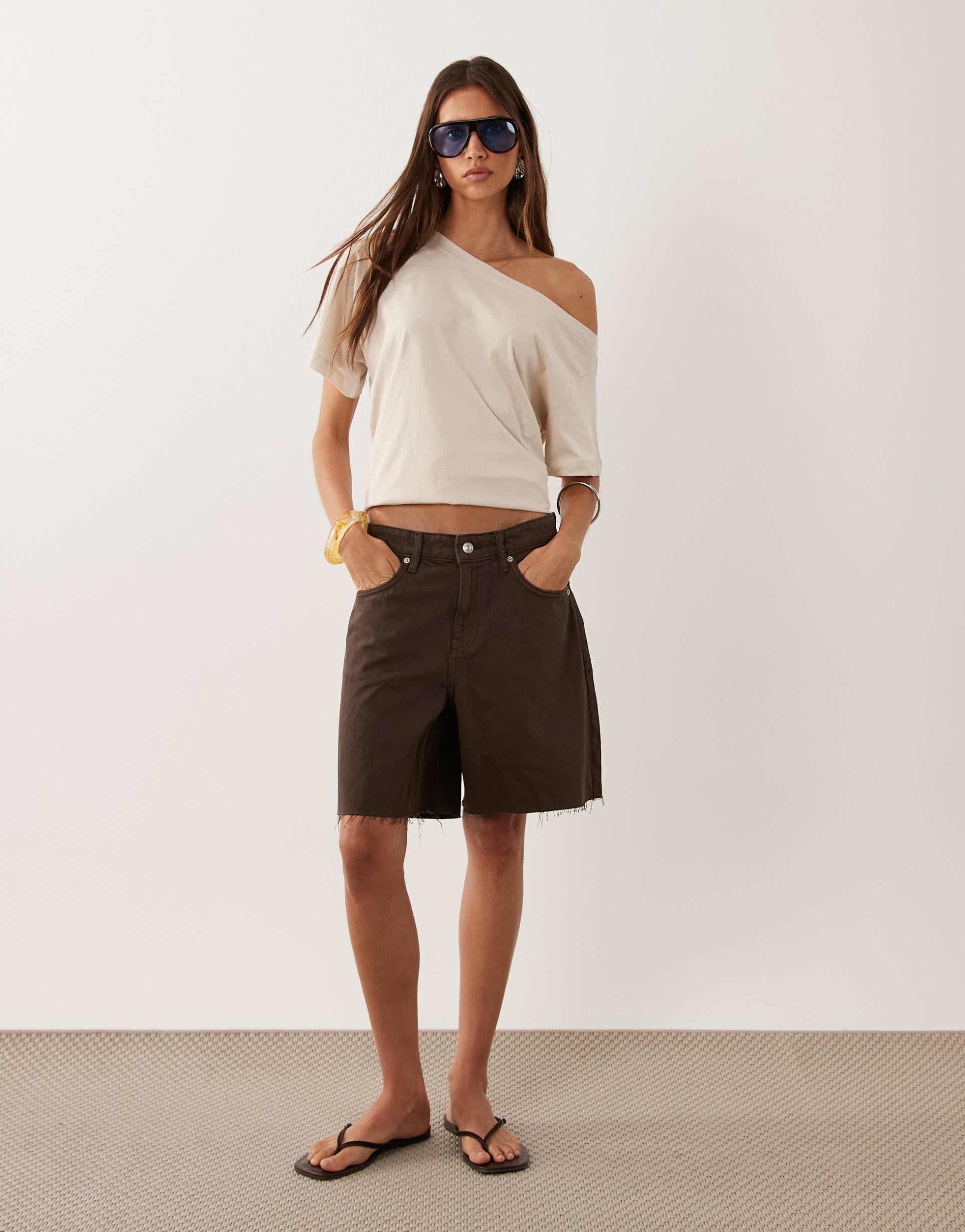 mango 100% cotton denim shorts in chocolate brown
