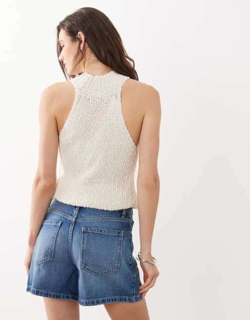 Mango 100% cotton denim shorts in mid blue, 5 of 5