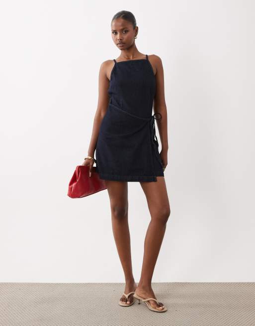 Mango 100% cotton denim tie waist mini dress in indigo , 3 of 4