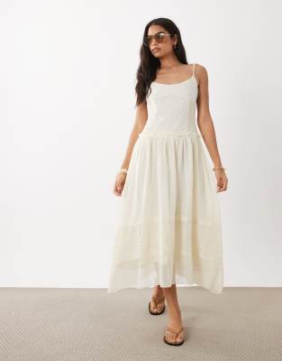 Mango 100% Cotton Embroidered Cami Maxi Dress In Neutral