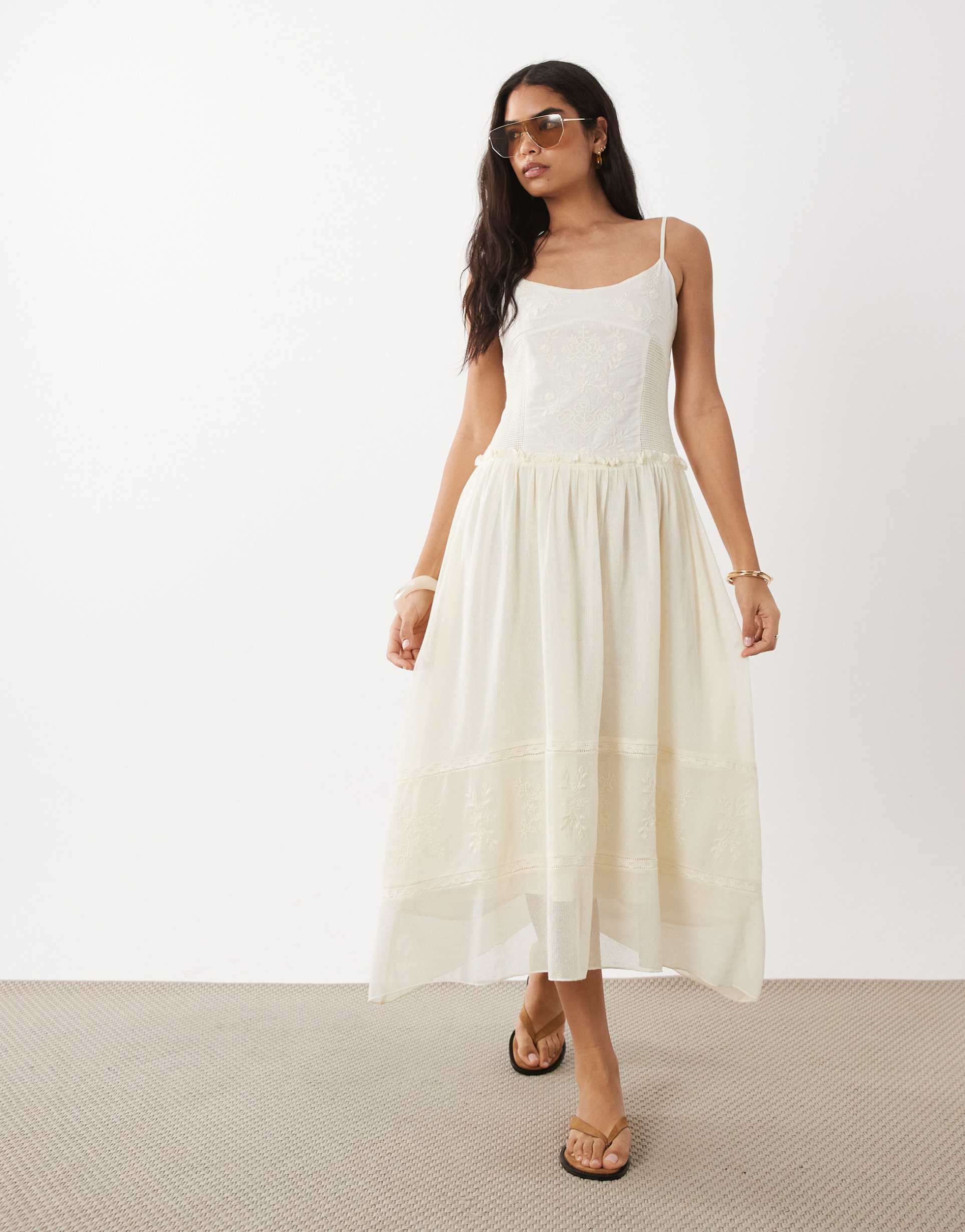 mango 100% cotton embroidered cami maxi dress in natural