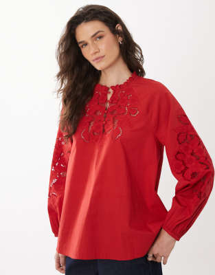 Mango 100% Cotton Embroidered Cut Out Blouse In Red