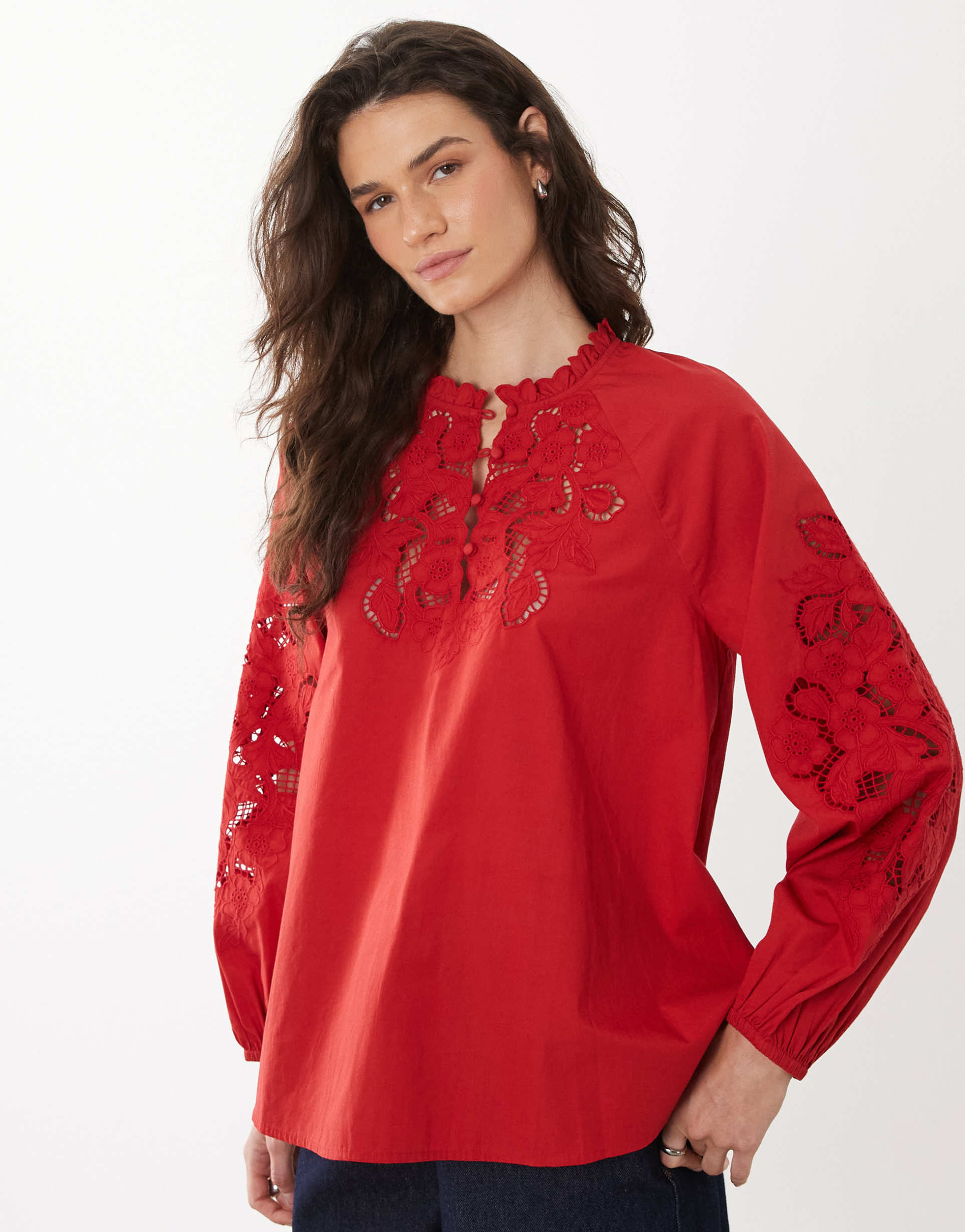 mango 100% cotton embroidered cut out blouse in red