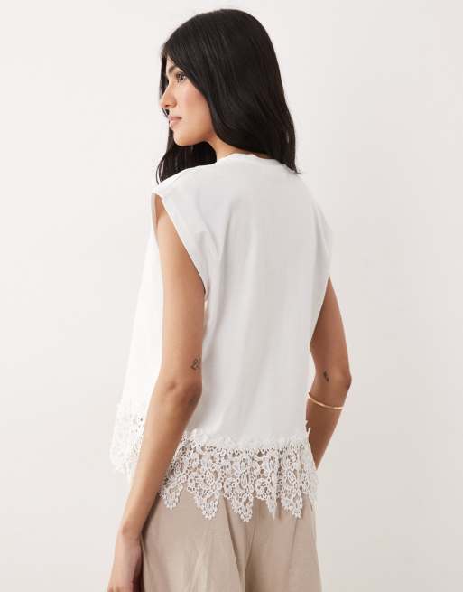 Mango 100% cotton embroidered hem t-shirt in white, 4 of 4