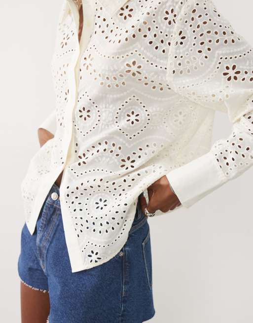 Mango 100% cotton embroidered shirt in beige, 3 of 4