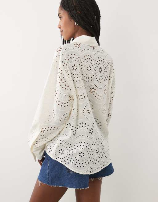 Mango 100% cotton embroidered shirt in beige, 4 of 4