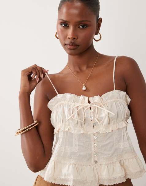 Mango 100% cotton embroidered strappy cami top in beige - view 1