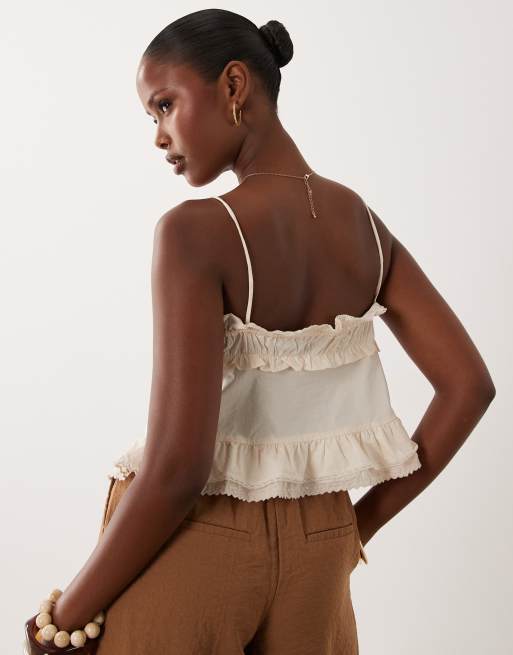 Mango 100% cotton embroidered strappy cami top in beige, 4 of 4