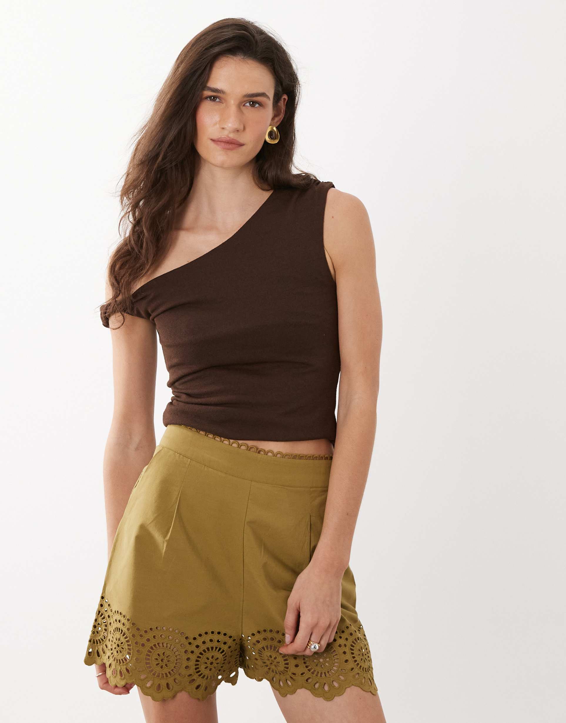 mango 100% cotton embroidered tailored shorts in olive green