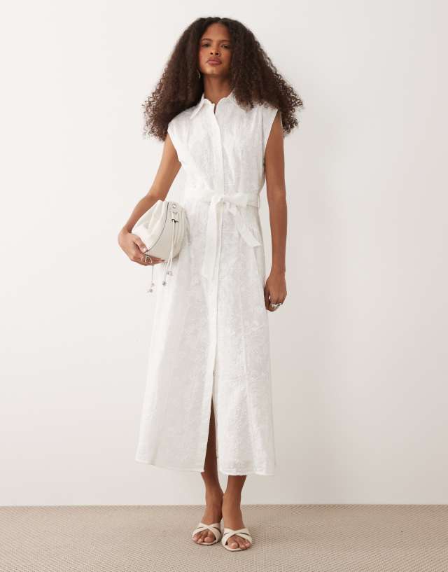 mango flowy shirt dress 100% cotton embroidered tie waist midi in white July42022sale