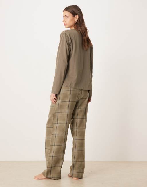 Mango 100% cotton flannel pajama pants and t-shirt 2-piece pajama set in khaki, 2 of 4