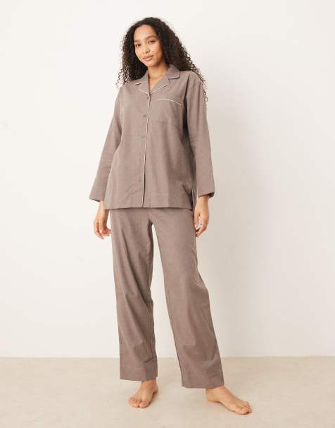 Mango 100% cotton flannel pyjama trouser and shirt co-ord in brown - view 1