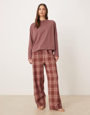Mango Mango 100% cotton flannel pyjama trouser and t-shirt 2-piece pyjama set in blush pink