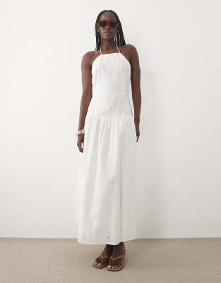 Mango 100% Cotton Halterneck Embroidered Maxi Dress In White