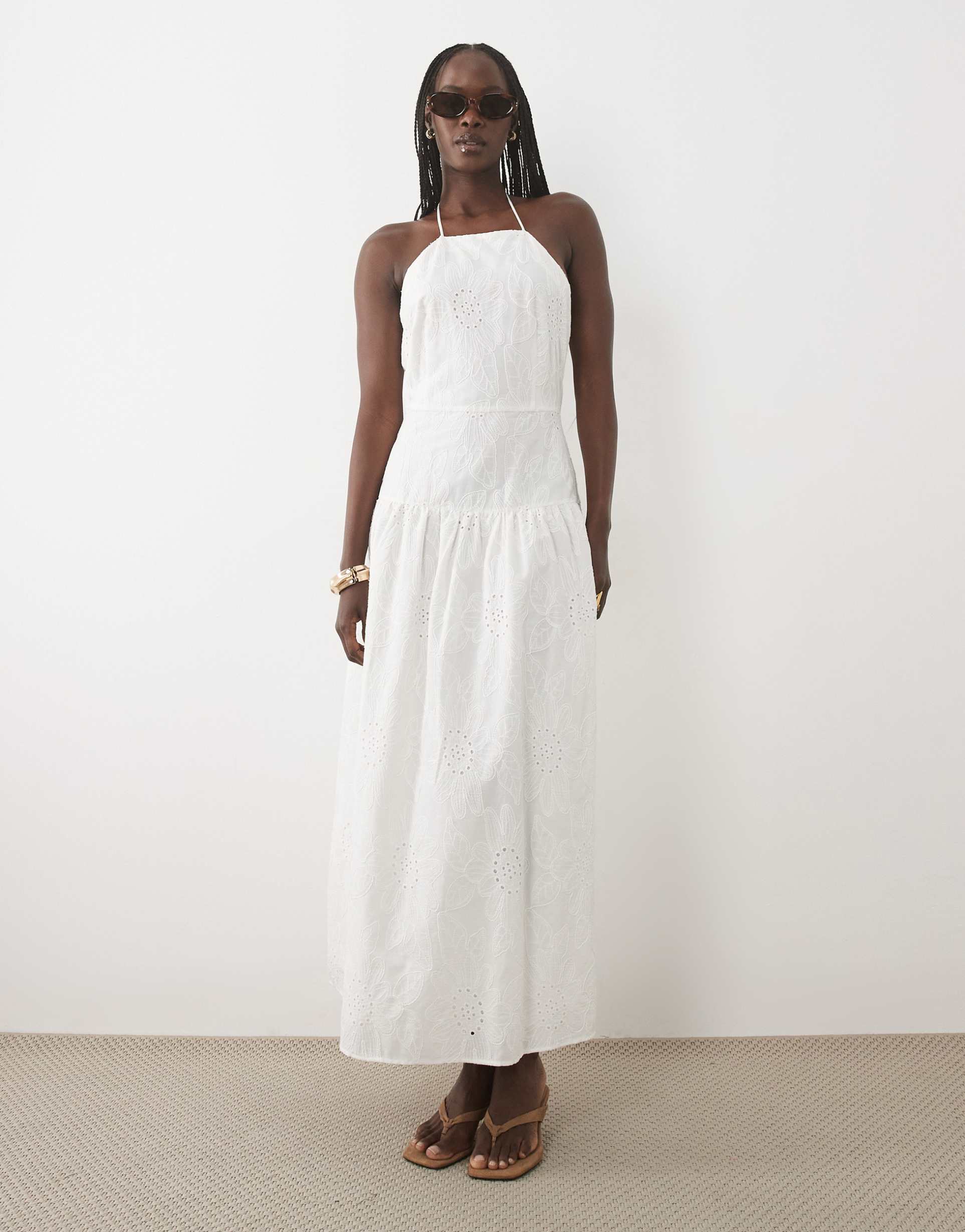 mango 100% cotton halterneck embroidered maxi dress in white