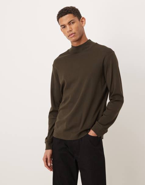Mango 100% cotton high neck long sleeve t-shirt in brown