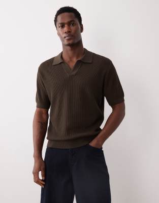 Mango 100 cotton knit camp collar short sleeve sweater in brown brown 13490₽