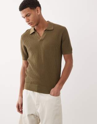 Mango 100% Cotton Knit Camp Collar Short Sleeve Sweater In Green