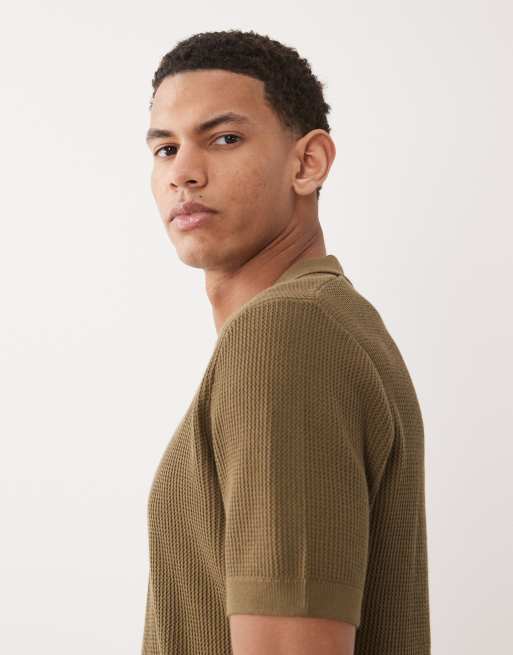 Mango 100% cotton knit camp collar short sleeve sweater in khaki, 4 of 5