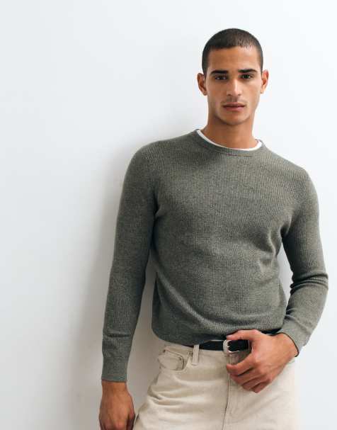 Mango 100% cotton knit sweater in khaki - view 1