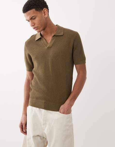 Mango 100% cotton knitted revere neck short sleeve sweater in khaki