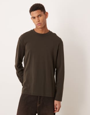 Mango 100% Cotton Long Sleeve Crew Neck T-shirt In Brown