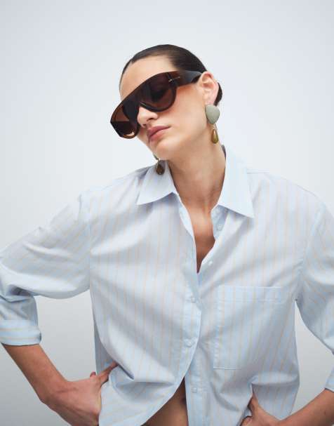 Mango 100% cotton long sleeve shirt in pastel blue and yellow stripes - view 1