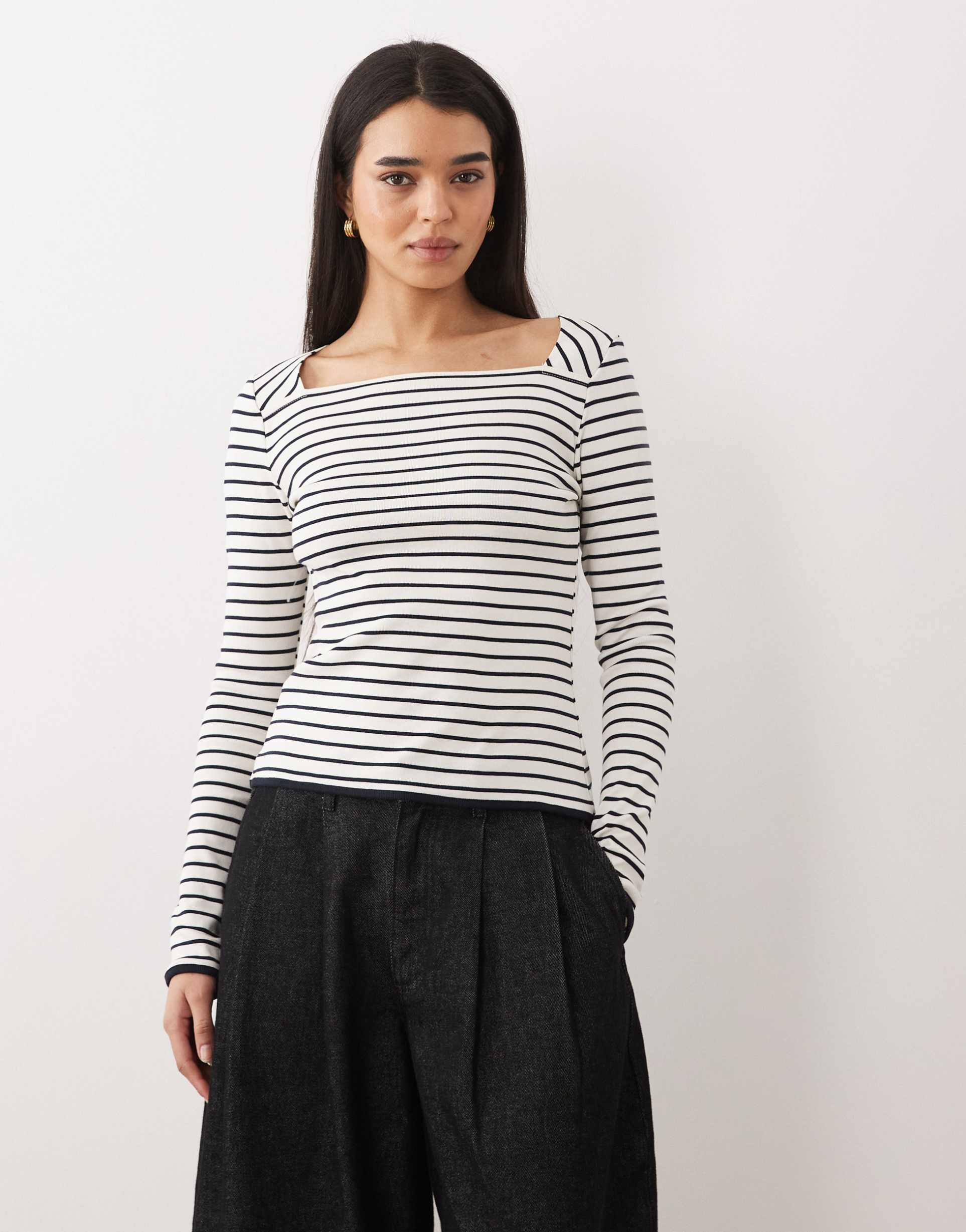 mango 100% cotton long sleeve square neck top in white and navy stripe