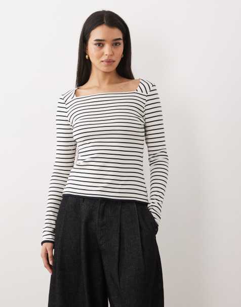Mango 100% cotton long sleeve square neck top in white and navy stripe