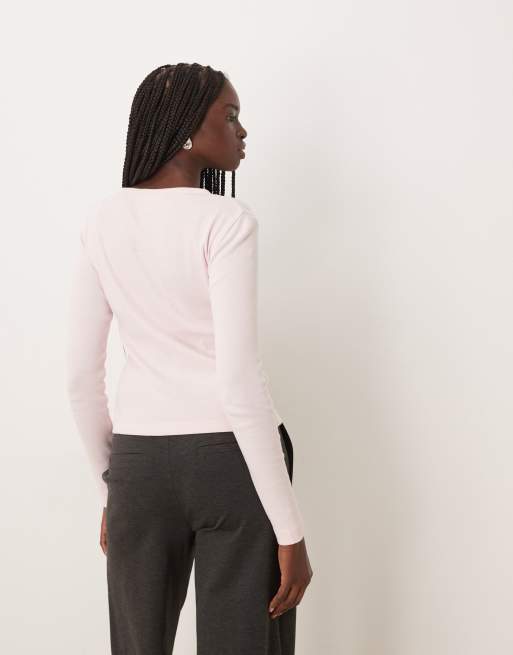 Mango 100% cotton long sleeve top in pale pink, 3 of 4