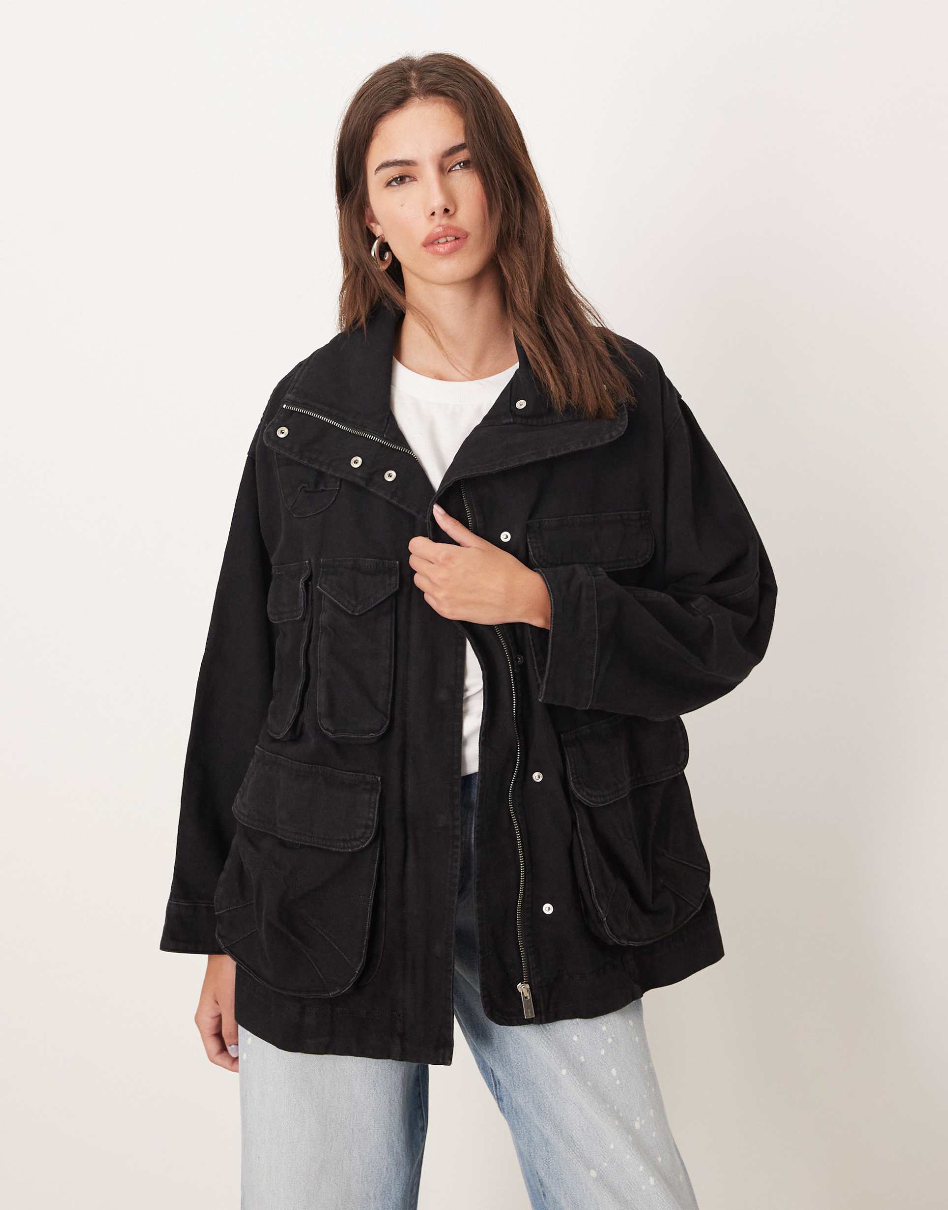 mango 100% cotton longline pocket detail jacket in black