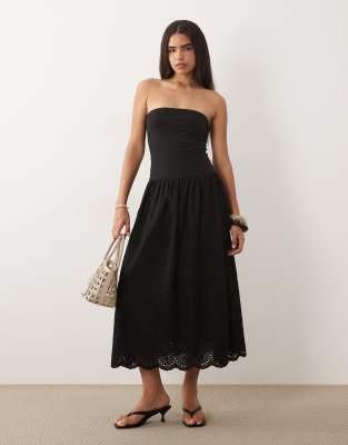 Mango 100% Cotton Off Shoulder Maxi Dress In Black