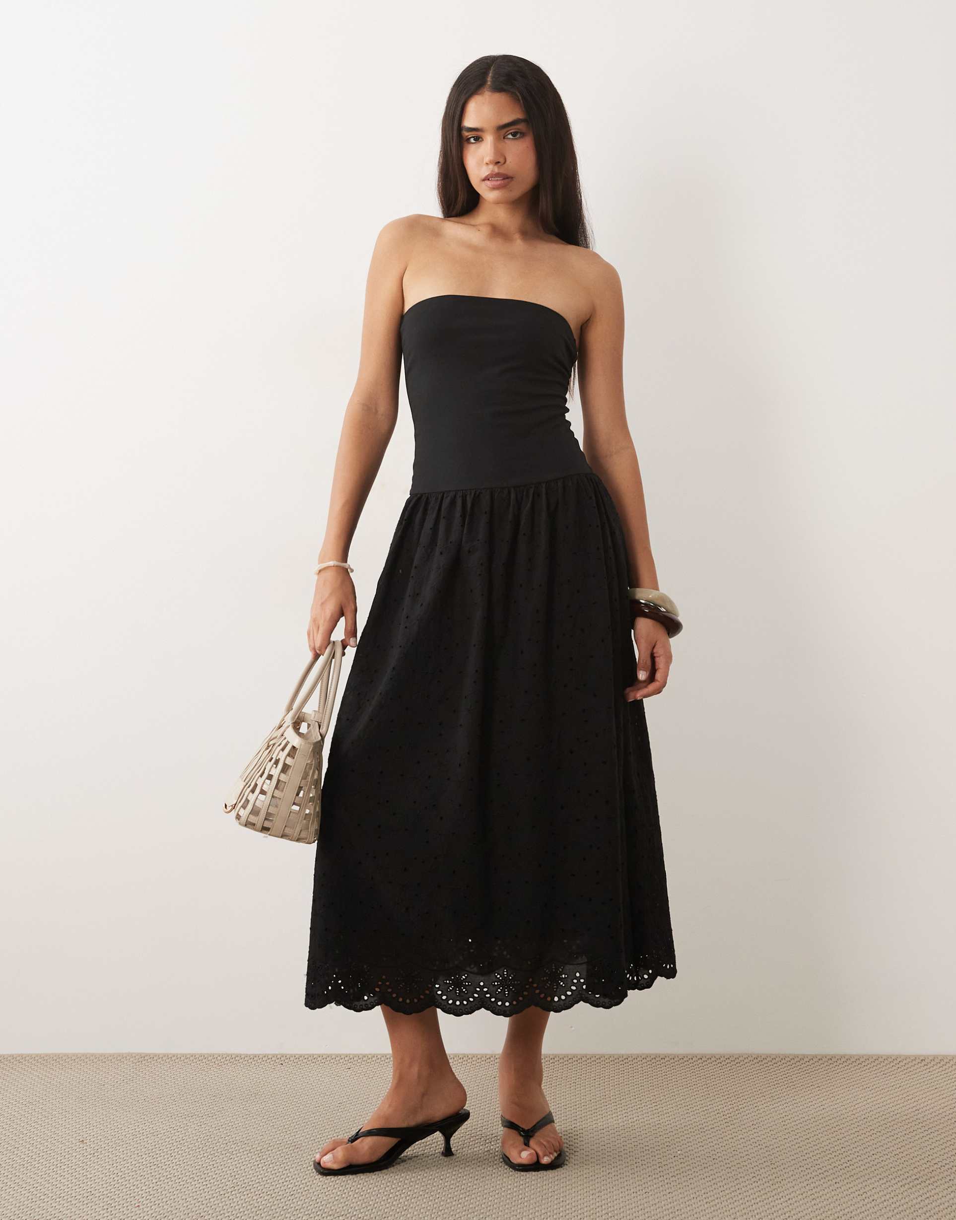 mango 100% cotton off shoulder maxi dress in black