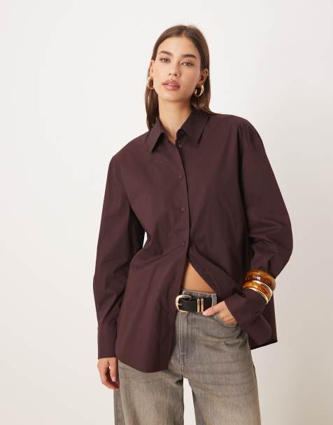 Mango 100% cotton oversized shirt in burgundy - view 1