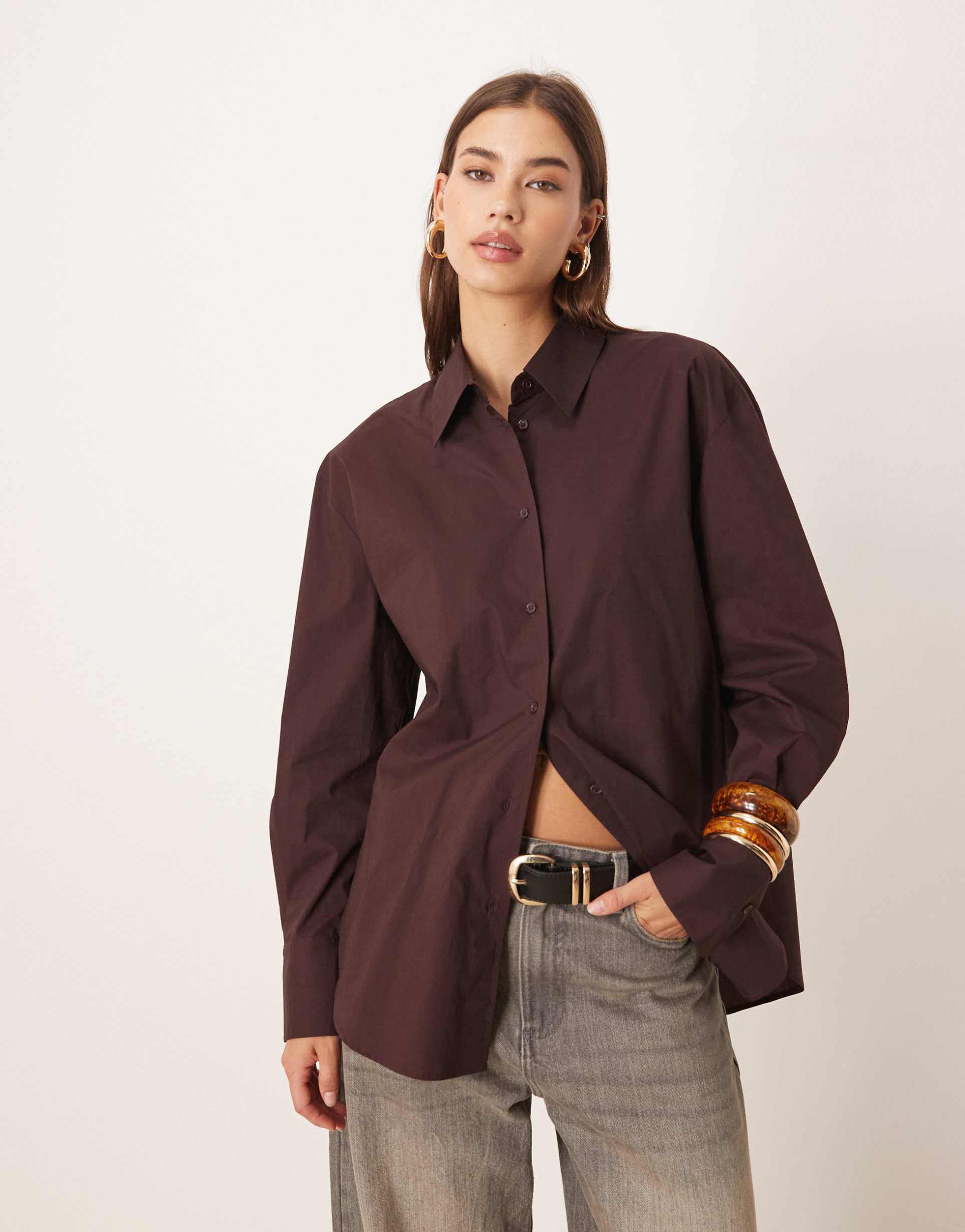 mango 100% cotton oversized shirt in burgundy