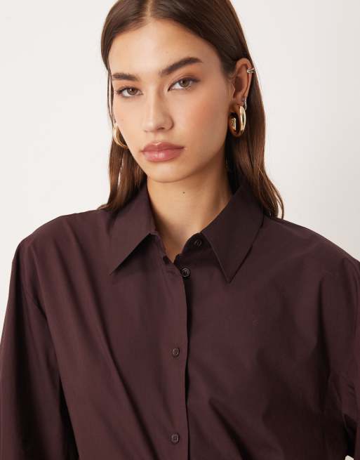 Mango 100% cotton oversized shirt in burgundy | ASOS