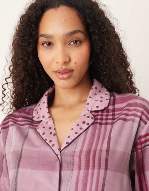 Mango 100% cotton plaid pyjama shirt in pink, 3 of 4