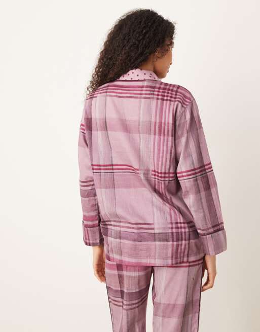 Mango 100% cotton plaid pyjama shirt in pink, 4 of 4