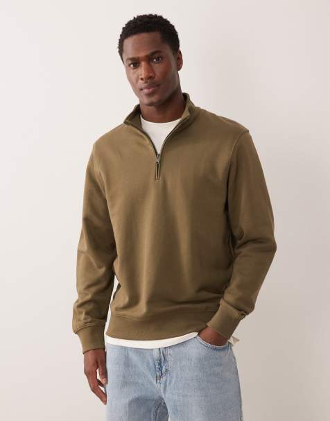 Mango 100% cotton quarter zip sweatshirt in khaki - view 1