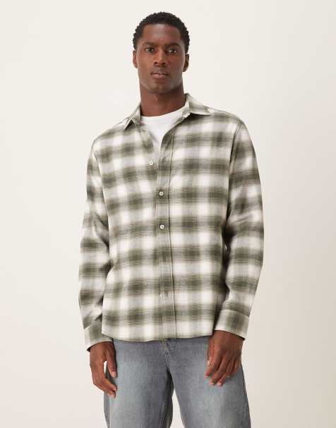 Mango 100% cotton relaxed fit flanel shirt in olive green