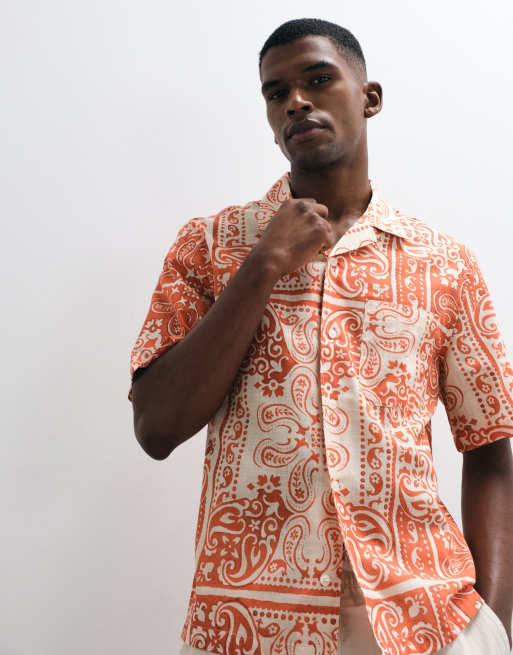 Mango 100% cotton retro paisly print shirt in burnt orange, 3 of 5