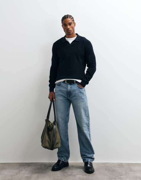 Mango 100% cotton revere neck knitted jumper in navy - view 1