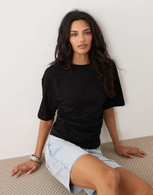 Mango 100 cotton ruched side T-shirt in black black 7690₽