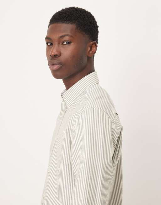 Mango 100% cotton shirt in khaki stripe, 4 of 5
