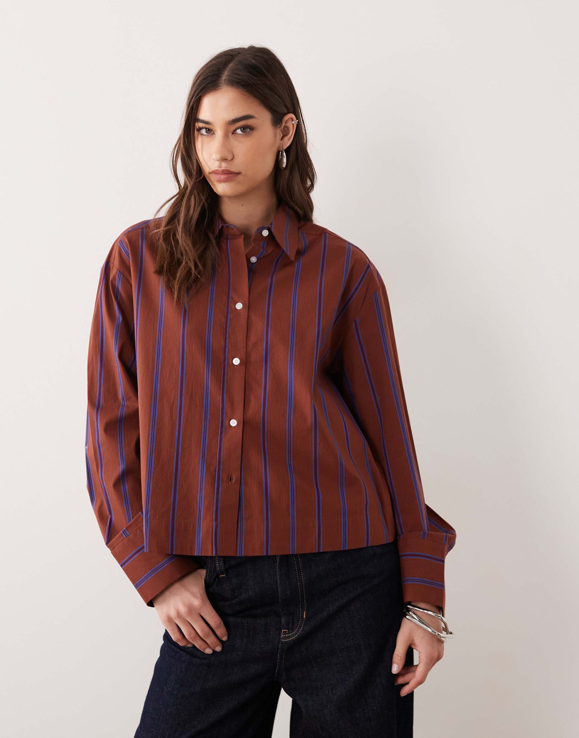 mango 100% cotton shirt in rust and blue stripe