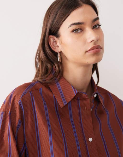 Mango 100% cotton shirt in rust and blue stripe, 3 of 4