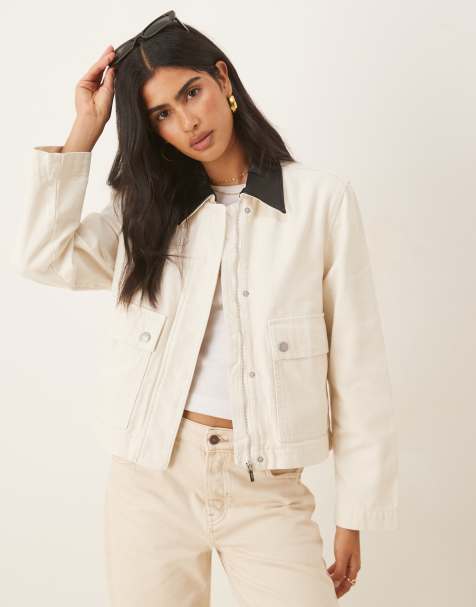 Mango 100% cotton short parka jacket with contrast collar in light beige - view 1
