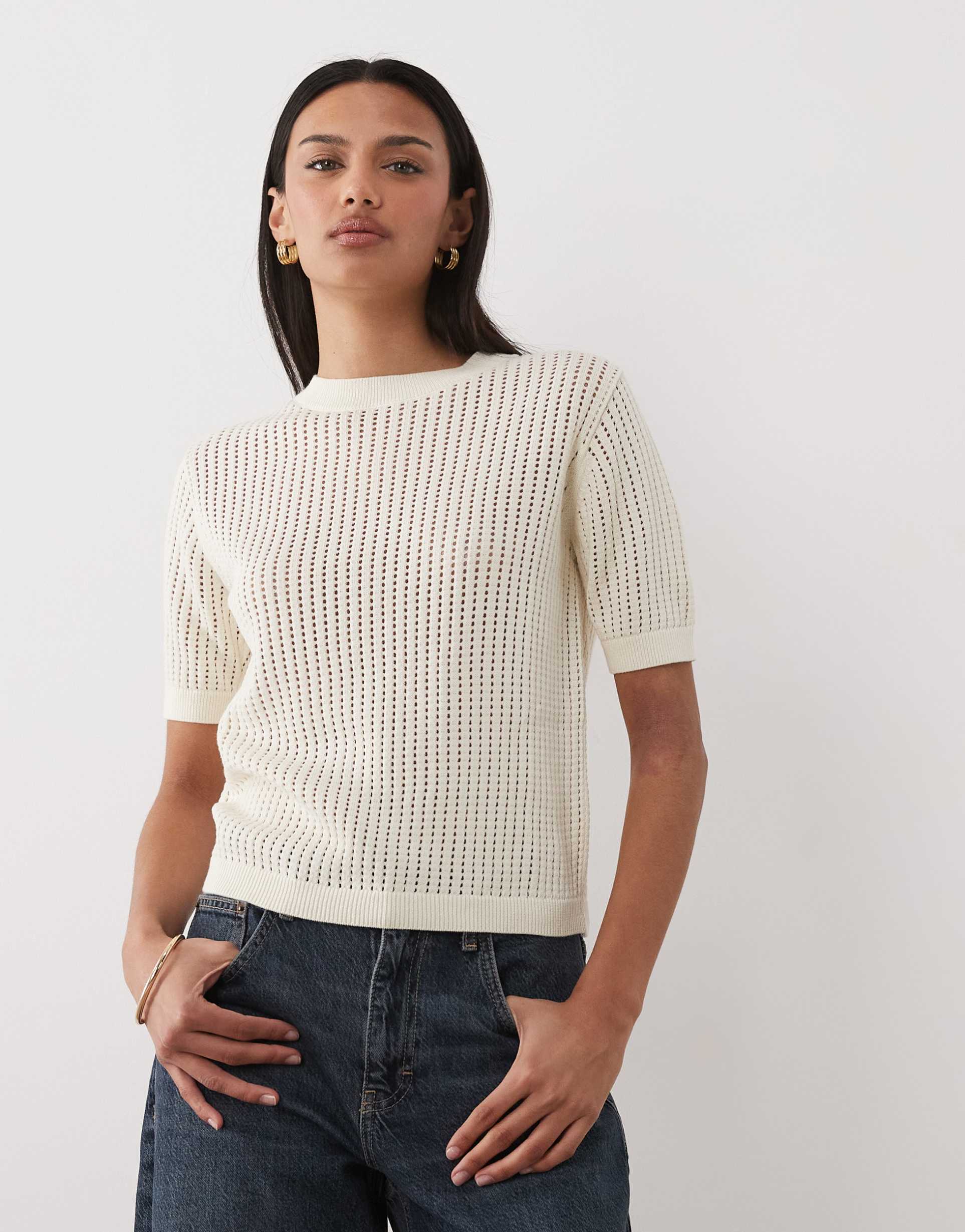 mango 100% cotton short sleeve knit top in cream