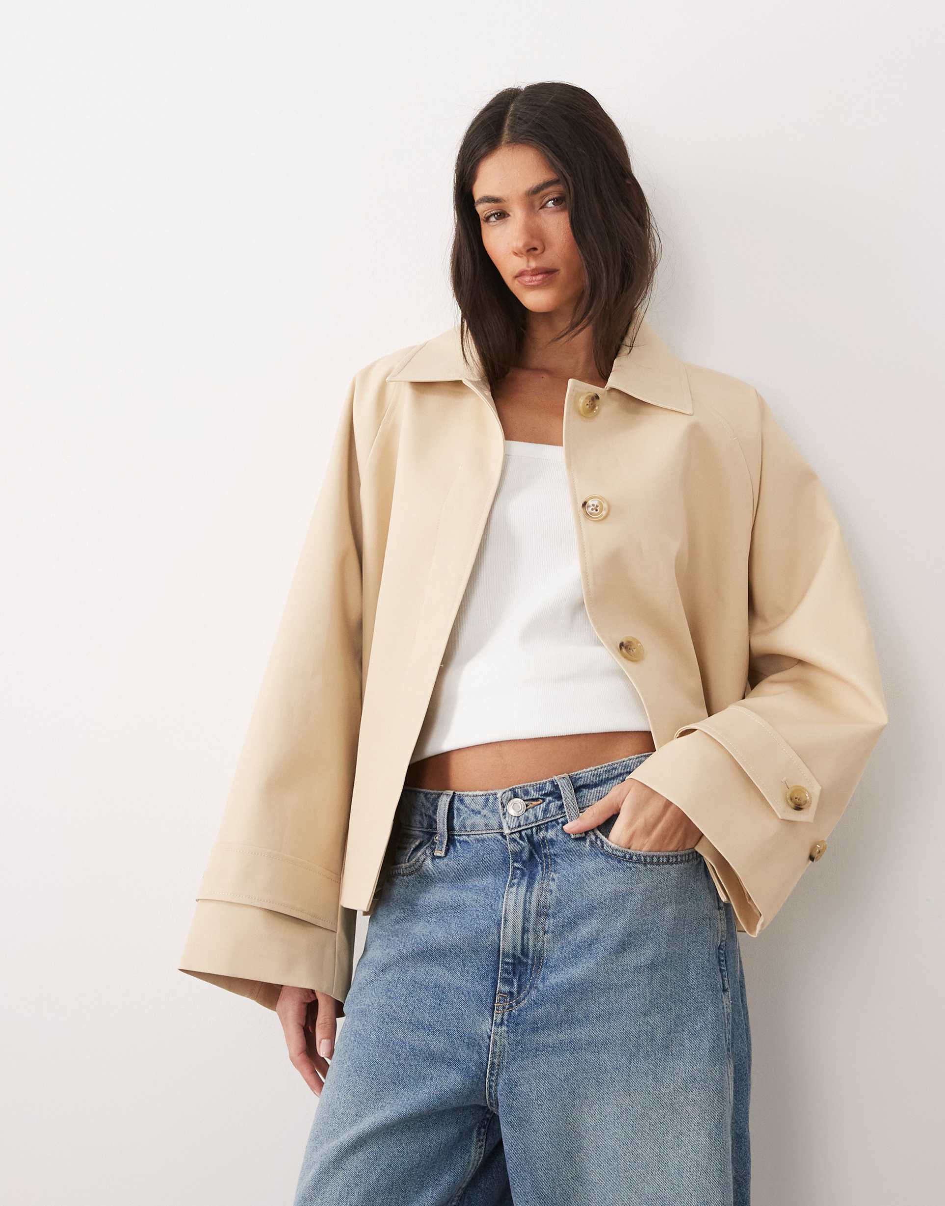 mango 100% cotton short trench coat in beige