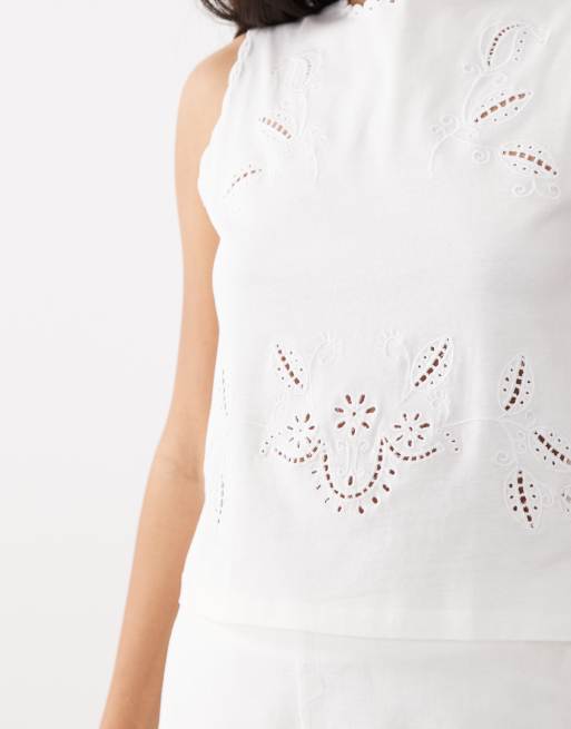 Mango 100% cotton sleeveless embroidered top in white, 2 of 4